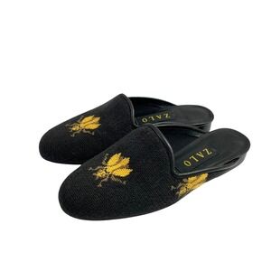 Zalo Bee Needlepoint mules Loafers Flats Size 6 black boho artsy